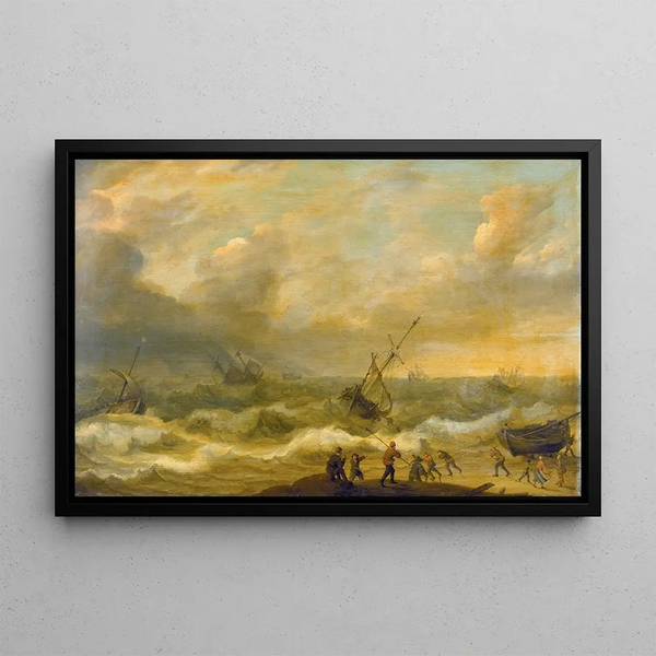 Ocean Stormy Sea with Many Ships - Adam Willaerts — framed artwork on a wall