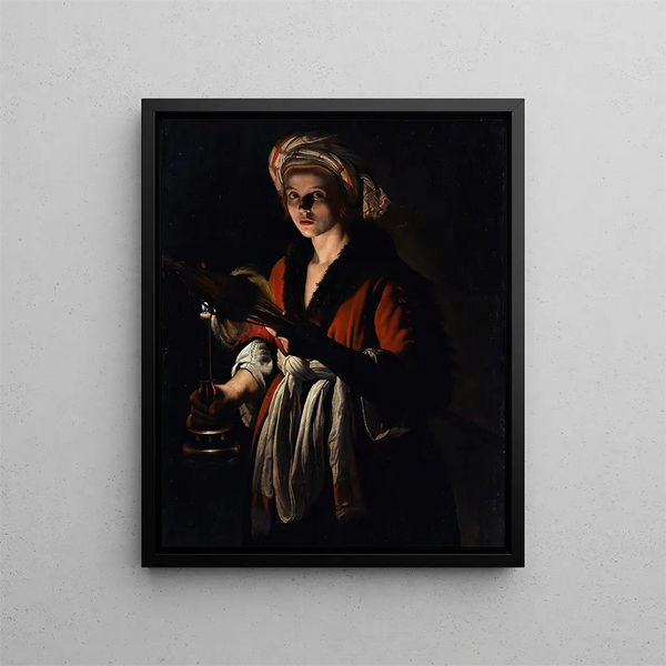 a young woman holding a spindle in front of a lit candle - Adam de Coster — framed artwork on a wall
