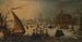 Landscape painting with skaters on a frozen canal and an ice boat - Adam van Breen — artwork view