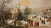 Winter landscape painting with skaters and hunters, a city in the distance - Adam van Breen — artwork view