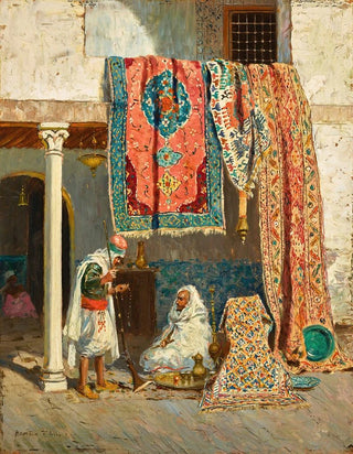 The Carpet Seller by Addison Thomas Millar — merchant, seated customer and large colourful carpets in a courtyard