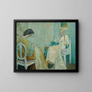 Two Ladies Sewing - Adèle von Finck — framed artwork on a wall
