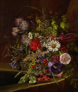 Marguerites de gloire du matin, groseilles rouges et autres fruits et fleurs sur un rebord - Adelheid Dietrich — artwork view