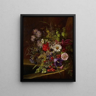 Marguerites de gloire du matin, groseilles rouges et autres fruits et fleurs sur un rebord - Adelheid Dietrich — framed artwork on a wall