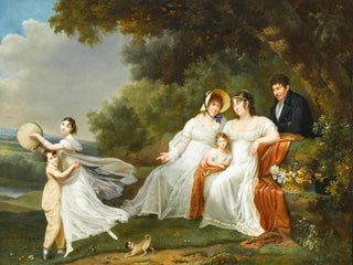a family portrait with their pug in a river landscape - Adèle Romany — artwork view