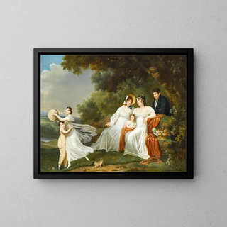 a family portrait with their pug in a river landscape - Adèle Romany — framed artwork on a wall