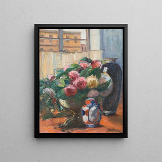 Nature morte aux pivoines à la fenêtre - Adolf Abraham Behrmann — framed artwork on a wall