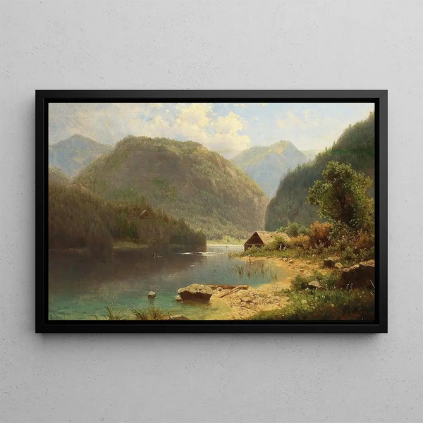 A cabin by the lake - Adolf Chwala — framed artwork on a wall