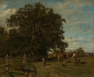 Oak at the Edge of the Forest and Peasant Plowing - Adolf Heinrich Lier — artwork view