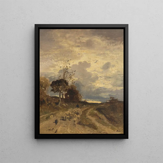 Autumn Evening Landscape with a Herd of Sheep Returning - Adolf Heinrich Lier — framed artwork on a wall