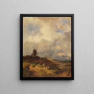 Coastal landscape painting with windmill - Adolf Heinrich Lier — framed artwork on a wall