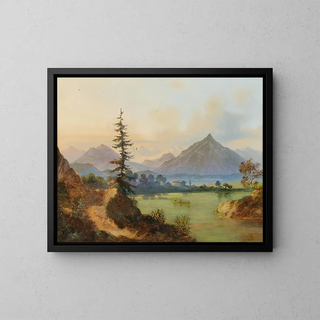 Lake in a Mountain Landscape - Adolf Heinrich Lier — framed artwork on a wall