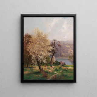 a lakeside landscape in spring - Adolf Kaufmann — framed artwork on a wall