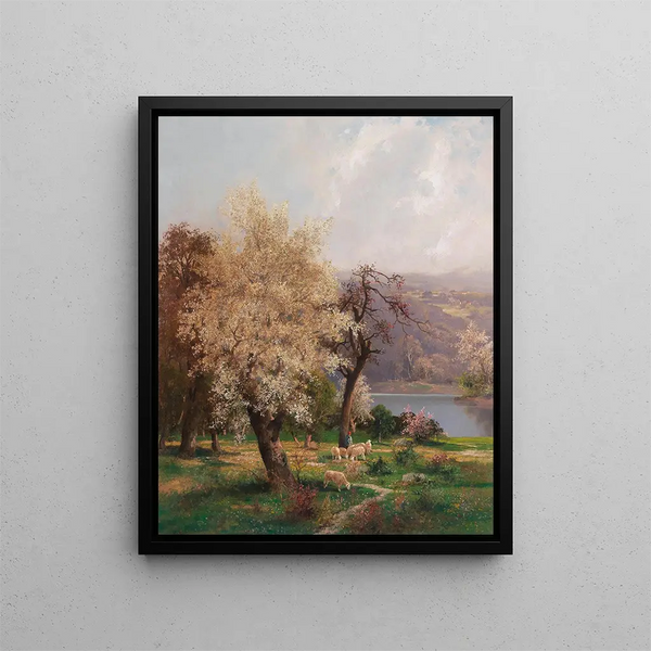 a lakeside landscape in spring - Adolf Kaufmann — framed artwork on a wall