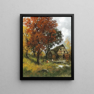 A mill in an autumn forest - Adolf Kaufmann — framed artwork on a wall