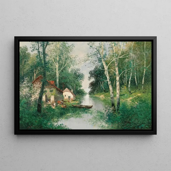 River landscape painting in spring - Adolf Kaufmann — framed artwork on a wall
