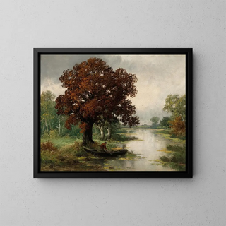 a river landscape with a fisherman in autumn - Adolf Kaufmann — framed artwork on a wall