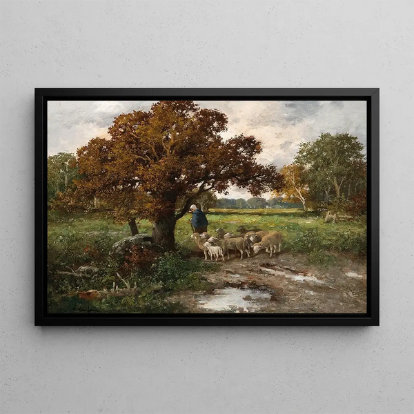 a Shepherdess with a flock of sheep - Adolf Kaufmann — framed artwork on a wall