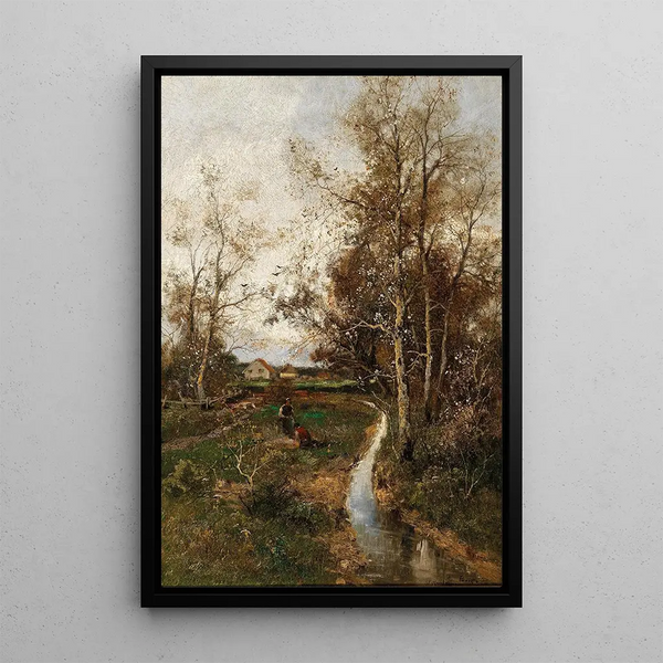 Spring landscape painting with a stream - Adolf Kaufmann — framed artwork on a wall