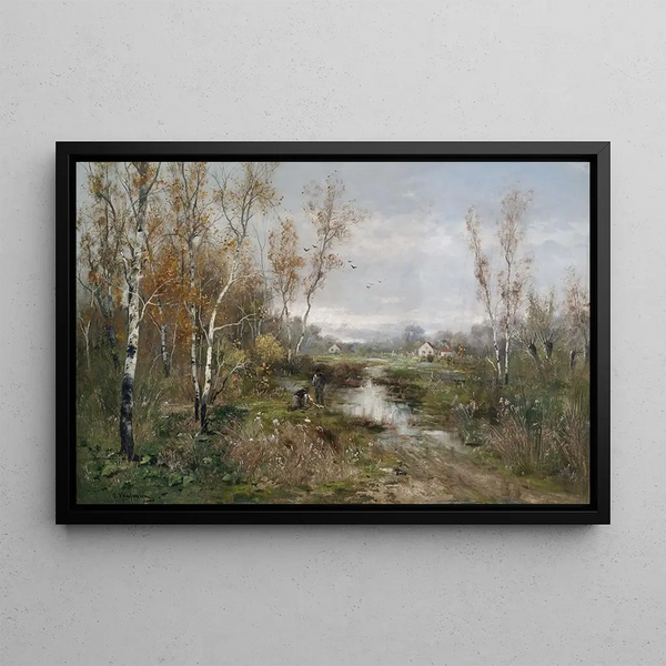 Autumn landscape painting near a birch grove - Adolf Kaufmann — framed artwork on a wall