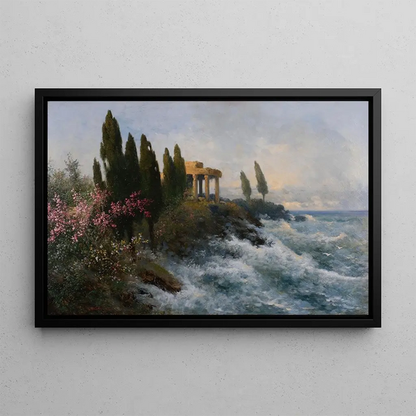 Mediterranean landscape painting with ancient temple - Adolf Kaufmann — framed artwork on a wall