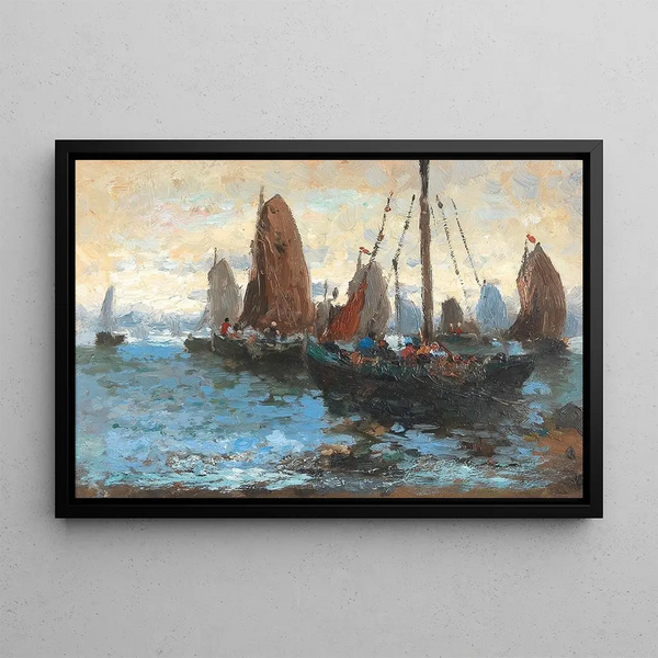 Seascape with numerous sailboats - Adolf Kaufmann — framed artwork on a wall