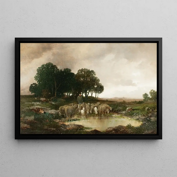 Sheep in a Rainy Landscape - Adolf Kaufmann — framed artwork on a wall