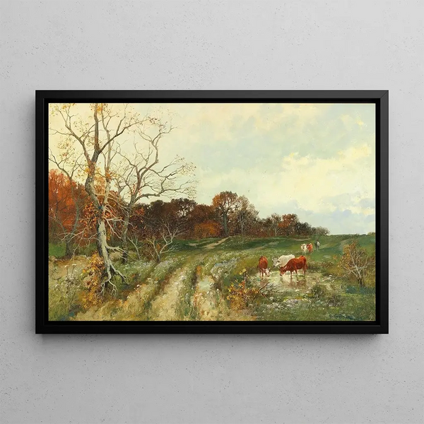 Summer landscape painting with grazing cows - Adolf Kaufmann — framed artwork on a wall