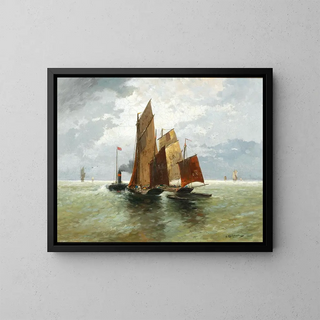 Bateaux à vapeur et bateaux de pêche en mer - Adolf Kaufmann — framed artwork on a wall