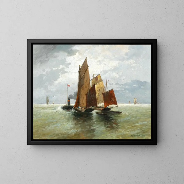 Bateaux à vapeur et bateaux de pêche en mer - Adolf Kaufmann — framed artwork on a wall