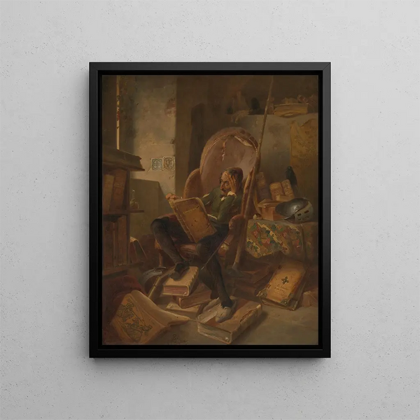 Don Quixote in his office - Adolf Schrödter — framed artwork on a wall