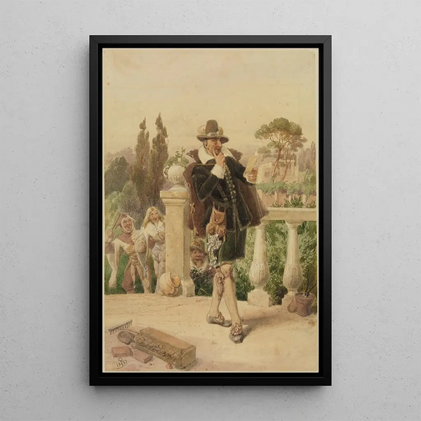 Malvolio reads the letter found in the garden - Adolf Schrödter — framed artwork on a wall