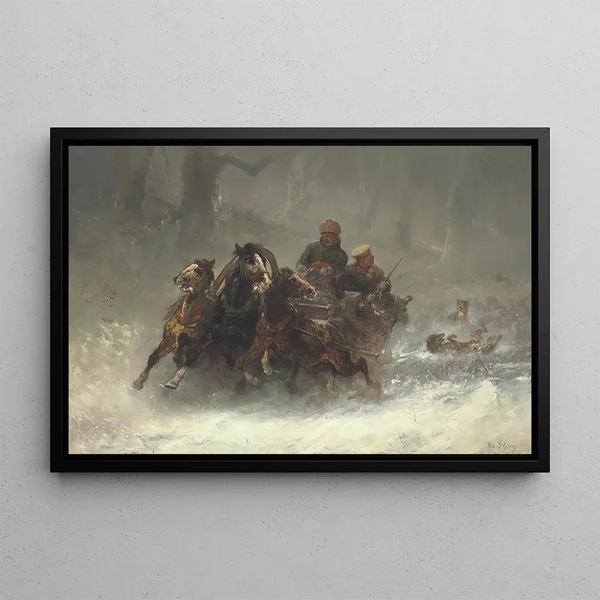 A troika chased by wolves - Adolf Schreyer — framed artwork on a wall