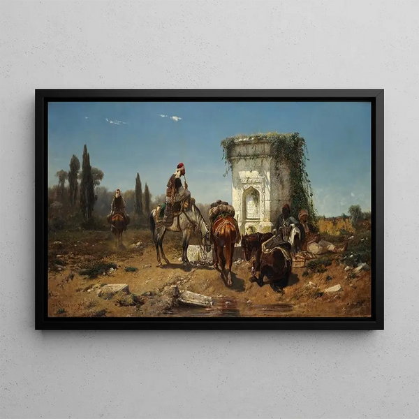 Arabes resting near a marble fountain - Adolf Schreyer — framed artwork on a wall