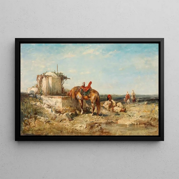 Oriental soldiers with a drinking horse - Adolf Schreyer — framed artwork on a wall