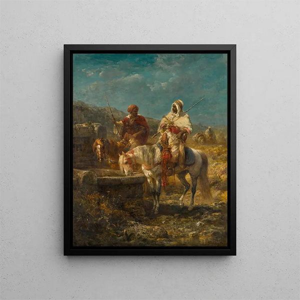 Cavaliers at the Well - Adolf Schreyer — framed artwork on a wall