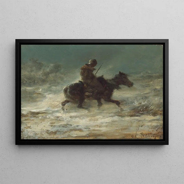 Man with Spear Crossing Snow - Adolf Schreyer — framed artwork on a wall