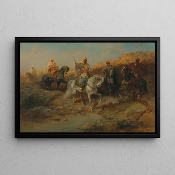 Cavaliers near an oasis - Adolf Schreyer — framed artwork on a wall