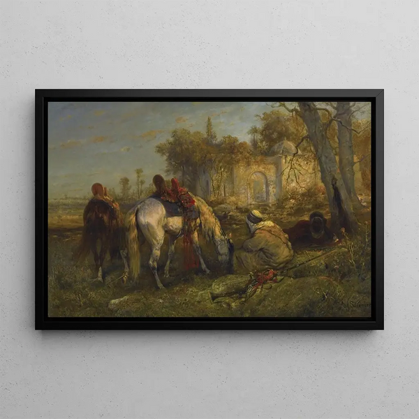 Two Reclining Arabs and Two Tethered Horses - Adolf Schreyer — framed artwork on a wall