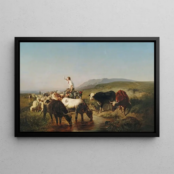 Herd of cattle and sheep with a young shepherd on a donkey in a vast landscape - Adolf Schreyer — framed artwork on a wall