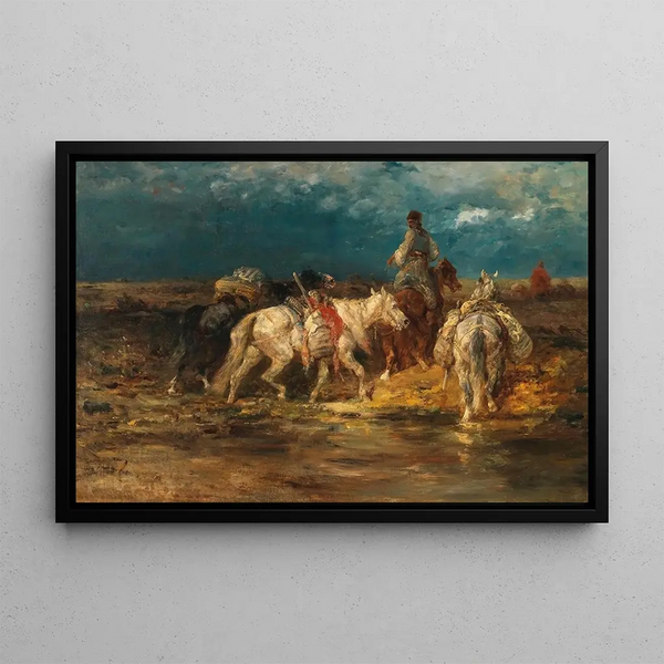 Horses of burden valaques at the ford - Adolf Schreyer — framed artwork on a wall