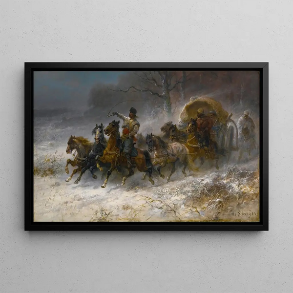 Valaques in motion in a winter landscape - Adolf Schreyer — framed artwork on a wall