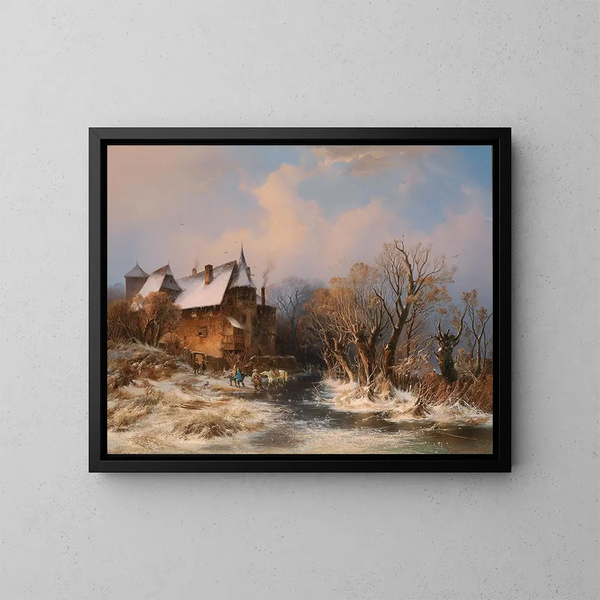 Landscape painting of a winter river scene with house and decorative figures - Adolf Stademann — framed artwork on a wall