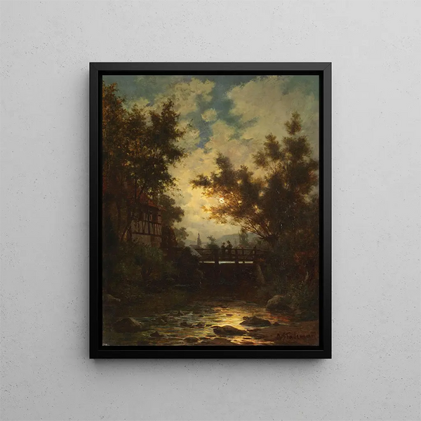 Night of the full moon at the village stream - Adolf Stademann — framed artwork on a wall