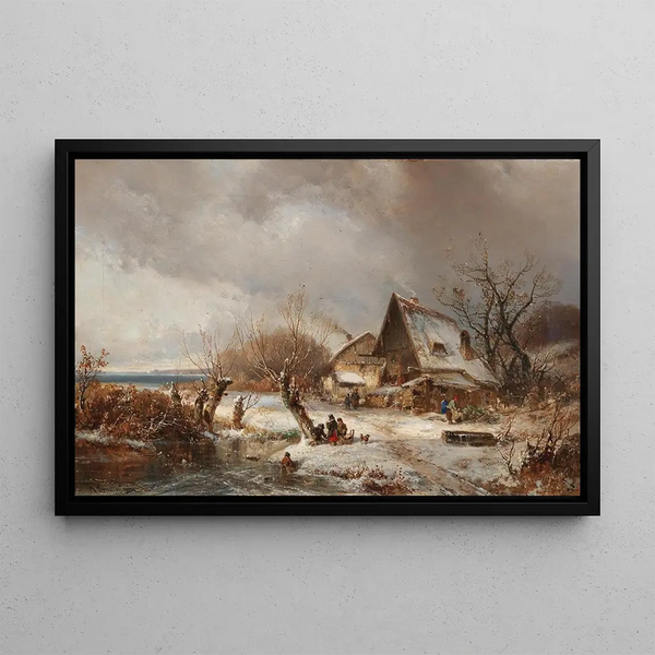 Winter landscape painting with farm - Adolf Stademann — framed artwork on a wall