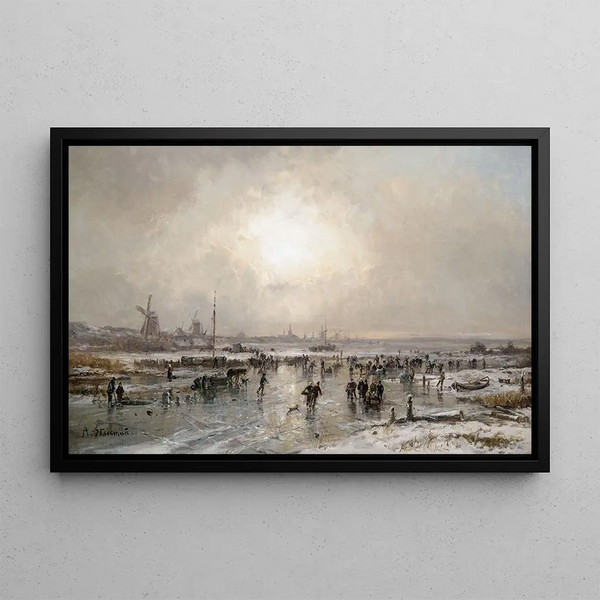 Winter Pleasures on an Icy Canal Painting by Adolf Stademann — framed artwork on a wall