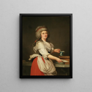 Madame A. Aughi, friend of Queen Marie-Antoinette, as a milkmaid at the Royal Dairy of Trianon - Adolf Ulrik Wertmüller — framed artwork on a wall