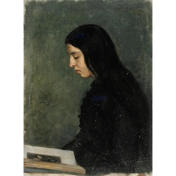 Woman with Black Hair Reading - Adolf von Becker — framed artwork on a wall