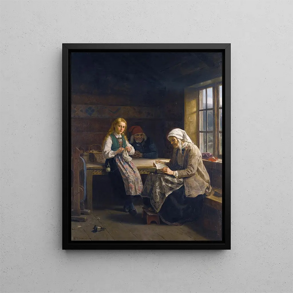 A young girl knitting in an interior Hardanger - Adolph Tidemand — framed artwork on a wall