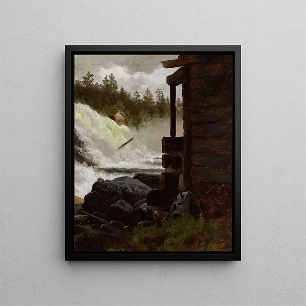 A waterfall - Adolph Tidemand — framed artwork on a wall
